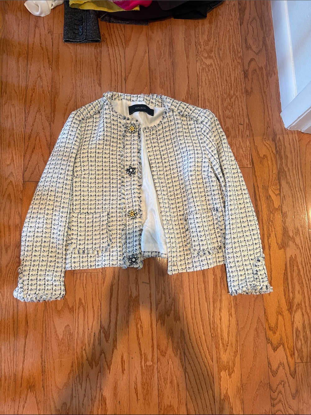 Zara Ivory and Navy Tweed Cropped Jacket